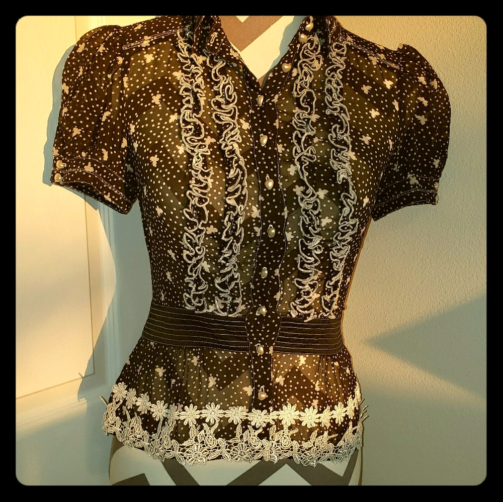 Vintage Bebe Silk Blouse Applique Floral Butterfly